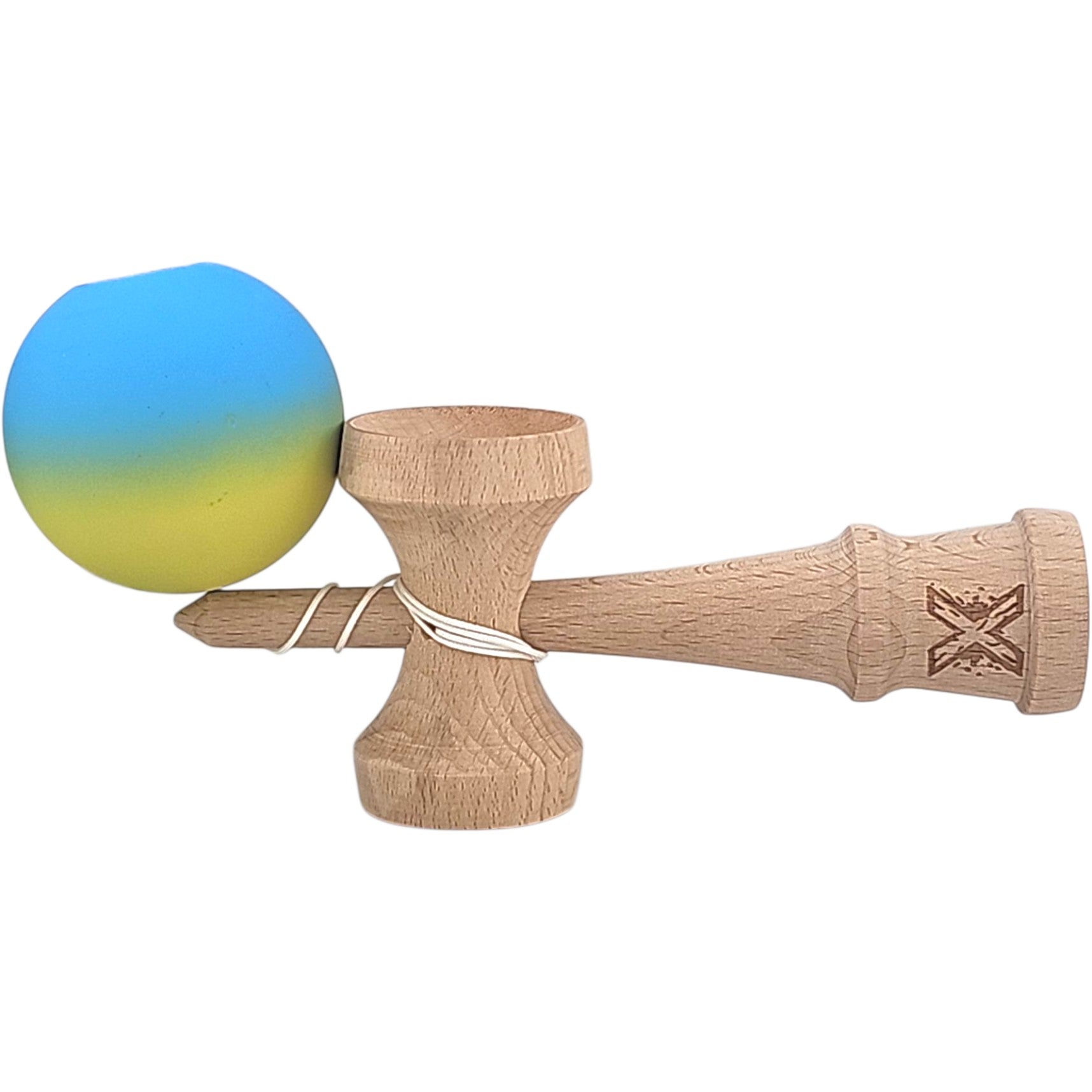 Kendama X Originala, Profesionala, Kaveny, 18 cm, Profesionala, +9 Ani, din Lemn, Gradient Galben/Albastru