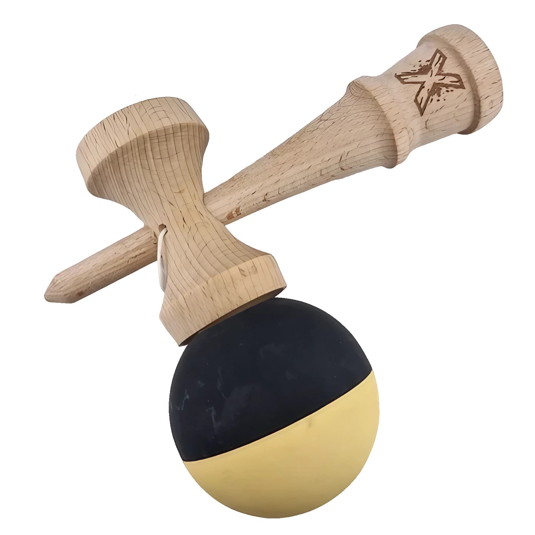 Kendama X Originala, Profesionala, Kaveny, din Lemn, Rubber Grip, 18 cm, Galben/Negru