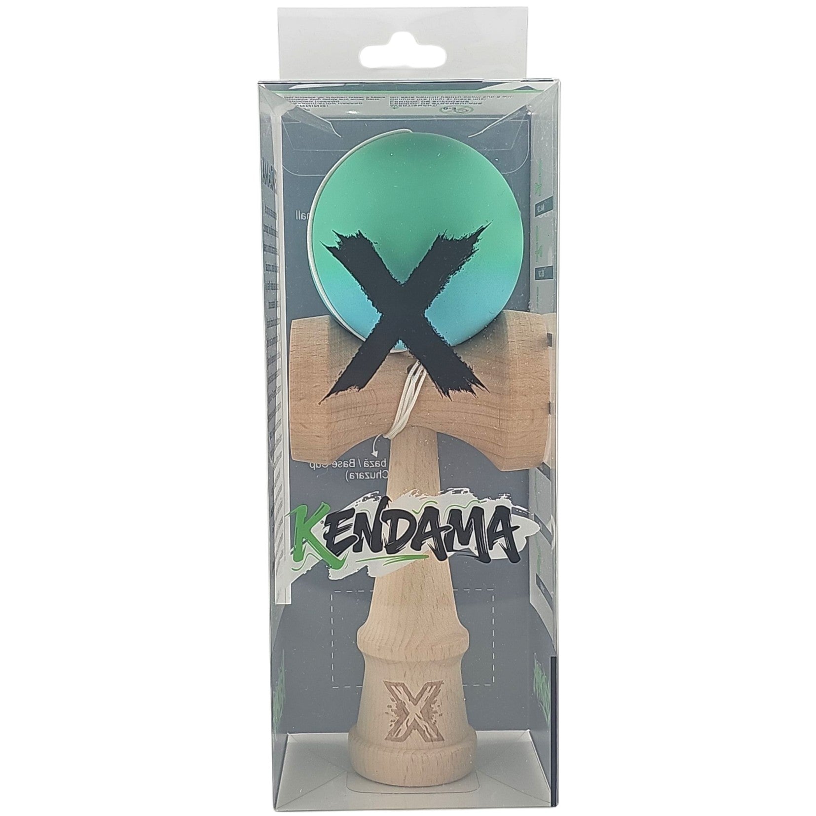 Kendama X Originala, Profesionala, Kaveny, din Lemn, Rubber Grip, 18 cm, Gradient Turcoaz/Alb