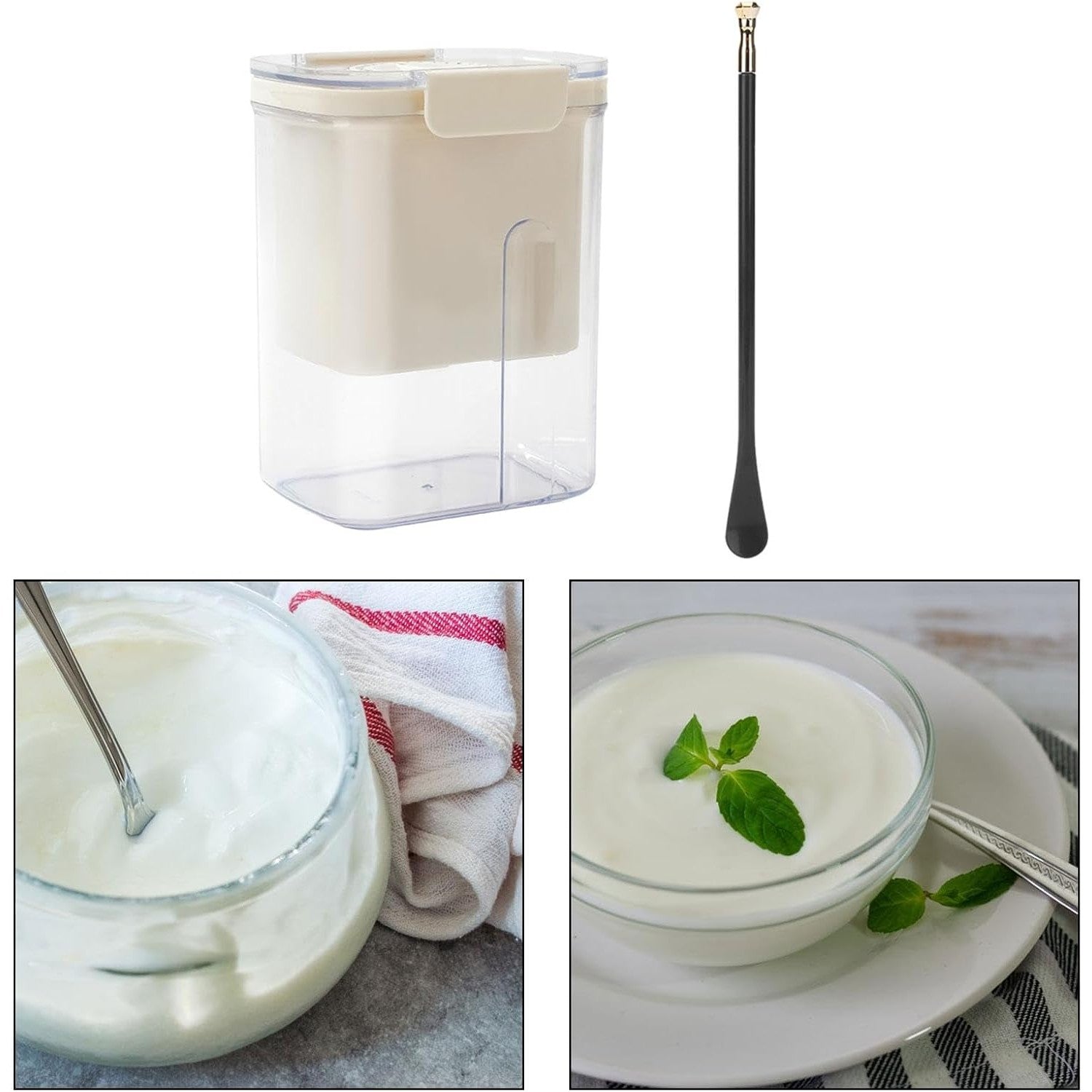 Kit Presa Pentru Branza, Kadeny, Filtru de Iaurt, Strecuratoare de Iaurt Grecesc, Filtru de lapte, 18x9.7x13 cm, Lingura Verde 20x1.6 cm, Alb