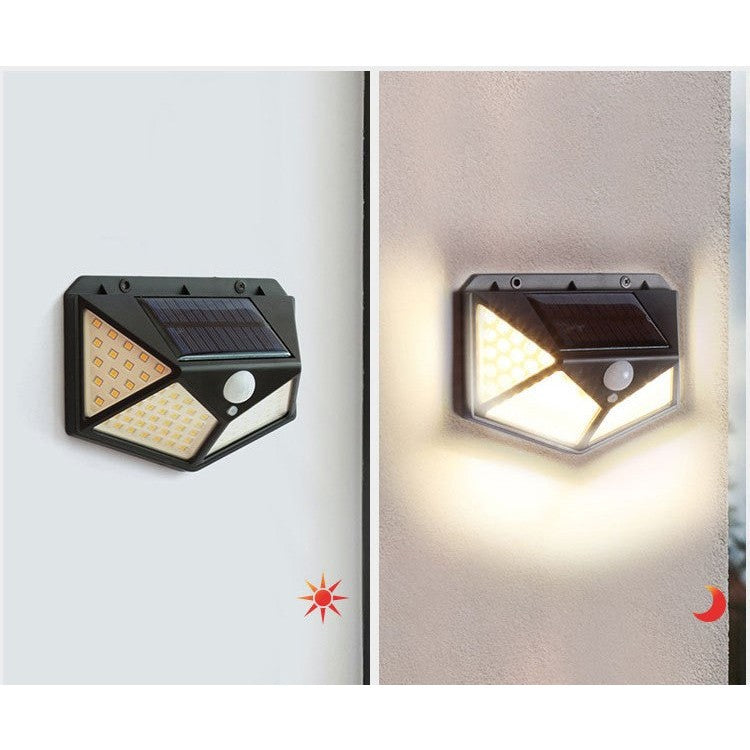 Lampa cu incarcare solara pentru exterior, 100 LED cu distanta de inductie, montaj pe perete, fara cabluri, cu 4 fete, Kaveny