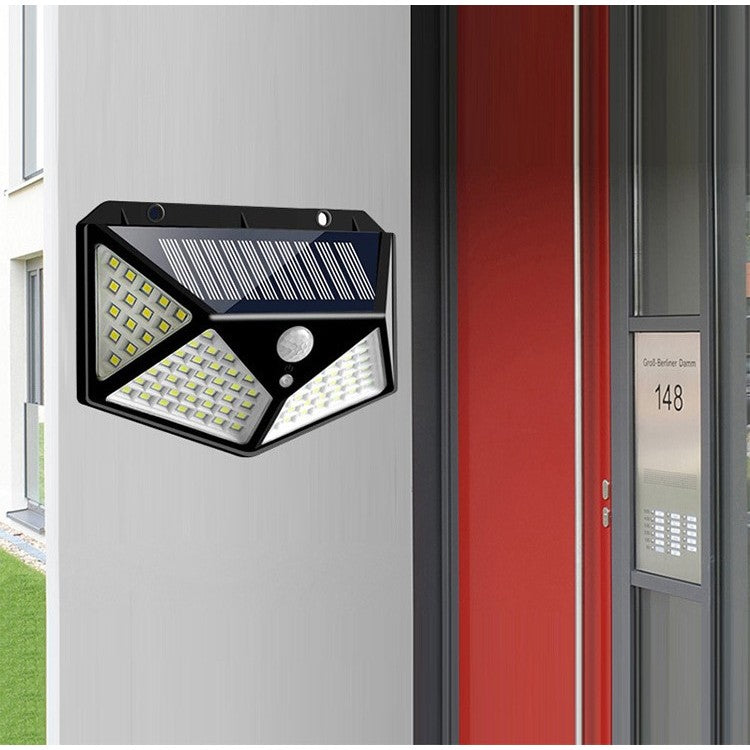 Lampa cu incarcare solara pentru exterior, 100 LED cu distanta de inductie, montaj pe perete, fara cabluri, cu 4 fete, Kaveny