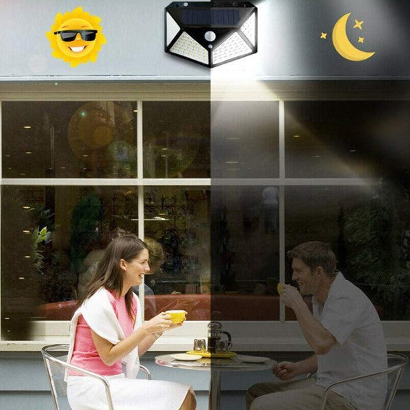 Lampa cu incarcare solara pentru exterior, 100 LED cu distanta de inductie, montaj pe perete, fara cabluri, cu 4 fete, Kaveny