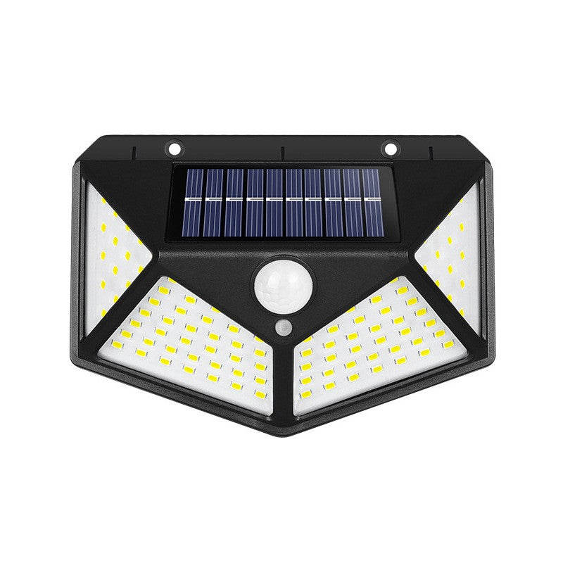 Lampa cu incarcare solara pentru exterior, 100 LED cu distanta de inductie, montaj pe perete, fara cabluri, cu 4 fete, Kaveny
