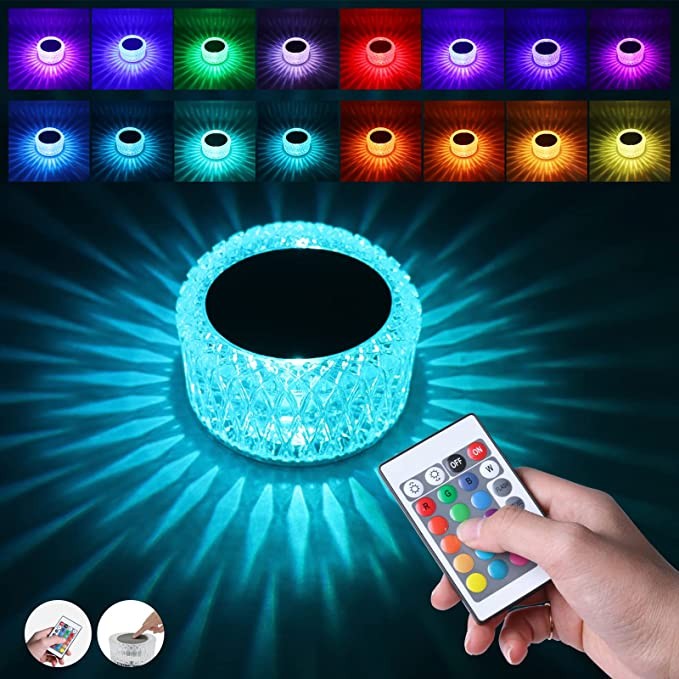 Lampa LED RGB 16, Kaveny, 3 Nivele de Intensitate, Incarcare USB, 3W, Cristal Acrilic, 6x12 cm, Telecomanda, Transparent