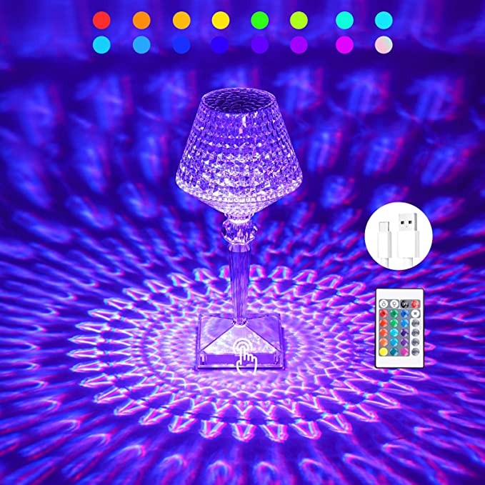 Lampa de birou pe LED RGB 16, Kaveny, dimmer tactil, 3 nivele de intensitate, incarcare USB, 3W, Cristal Acrilic, cu telecomanda, forma pahar, transparent