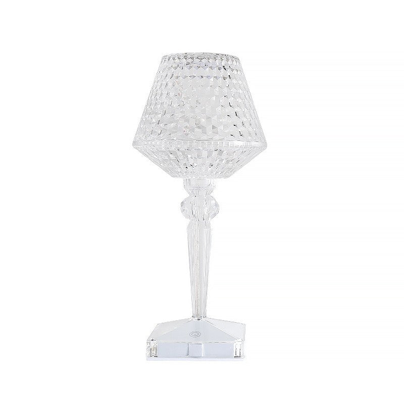 Lampa de birou pe LED RGB 16, Kaveny, dimmer tactil, 3 nivele de intensitate, incarcare USB, 3W, Cristal Acrilic, cu telecomanda, forma pahar, transparent