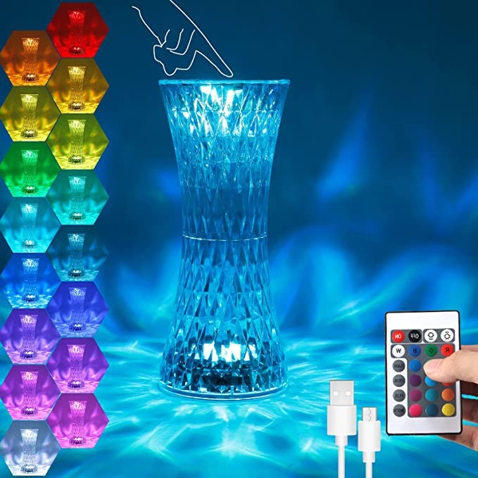 Lampa de birou pe LED RGB 16, Kaveny, dimmer tactil, 3 nivele de intensitate, incarcare USB, 3W, Cristal Acrilic, 8x19 cm, cu telecomanda, forma vaza, model 2, transparent
