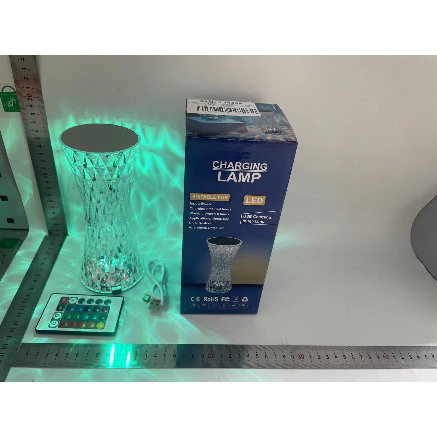 Lampa de birou pe LED RGB 16, Kaveny, dimmer tactil, 3 nivele de intensitate, incarcare USB, 3W, Cristal Acrilic, 8x19 cm, cu telecomanda, forma vaza, model 2, transparent