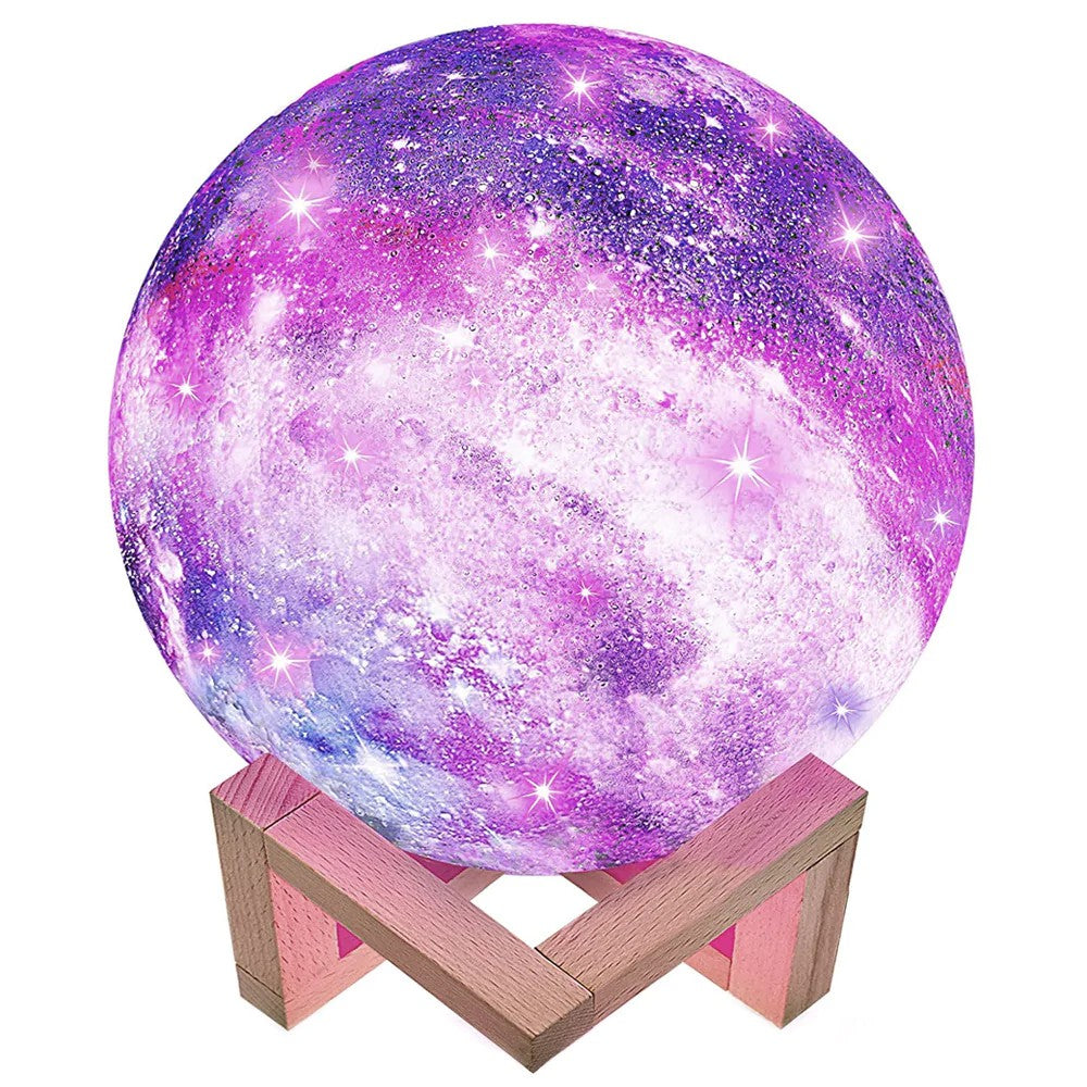 Lampa de veghe in forma de luna cu stele 3D Moon Light 7 culori, alimentare baterii, stand din lemn inclus, 15 cm, Kaveny