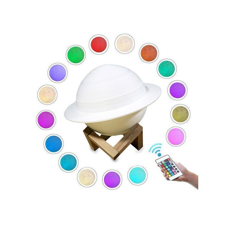 Lampa de veghe cu telecomanda in forma de Saturn 3D Saturn Light 16 culori, alimentare baterii, stand lemn inclus, 15 cm, Kaveny