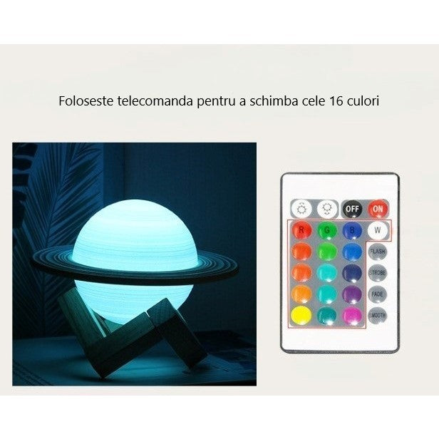 Lampa de veghe cu telecomanda in forma de Saturn 3D Saturn Light 16 culori, alimentare baterii, stand lemn inclus, 15 cm, Kaveny