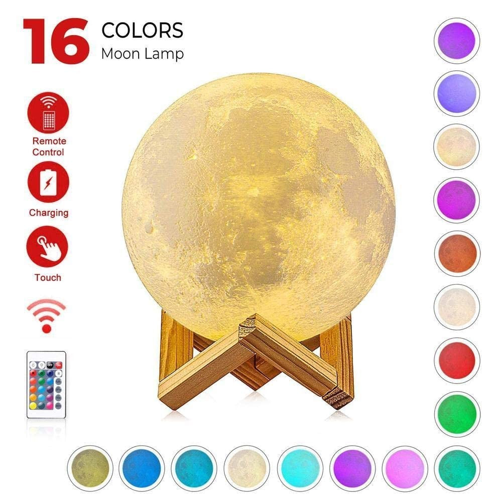 Lampa de veghe in forma de luna cu stele 3D Moon Light, Acumulator integrat, alimentare USB, stand din plastic inclus, 13 cm, 16 culori, Multicolor, Telecomanda inclusa, Kaveny