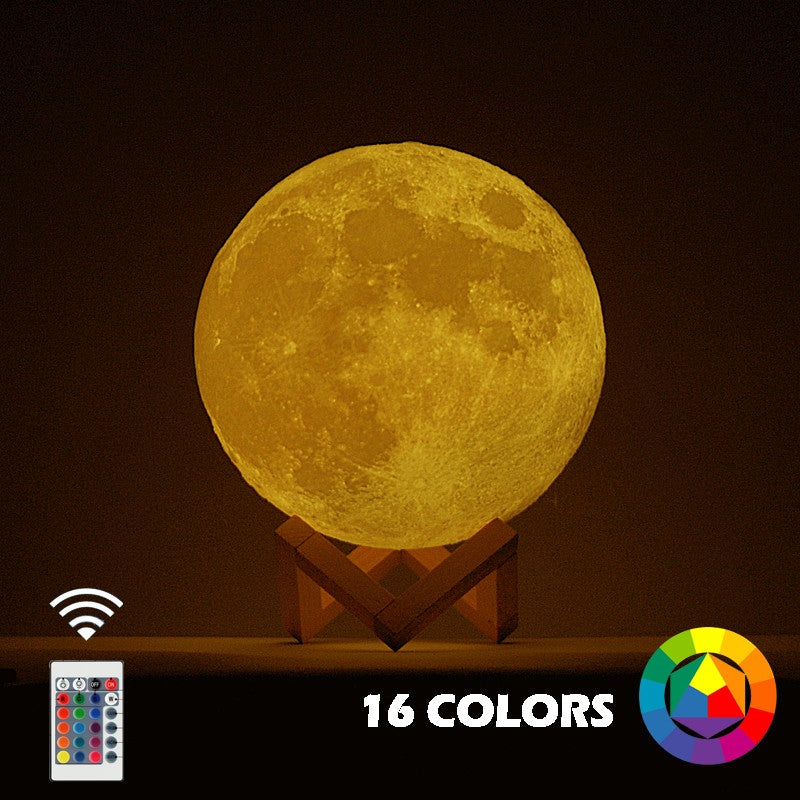 Lampa de veghe in forma de luna cu stele 3D Moon Light, Acumulator integrat, alimentare USB, stand din plastic inclus, 13 cm, 16 culori, Multicolor, Telecomanda inclusa, Kaveny