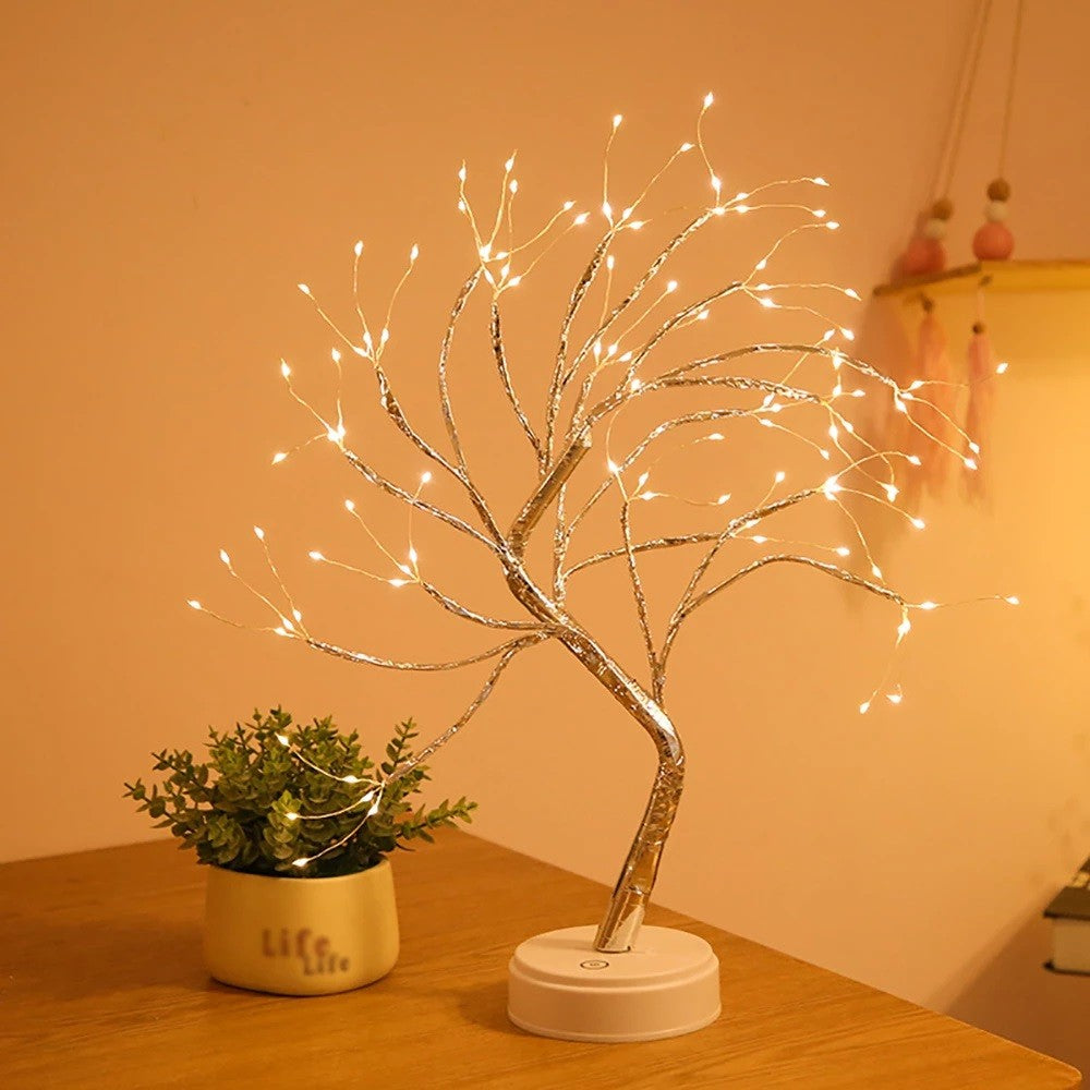 Lampa de veghe LED cu baterii si USB, Kaveny, Model Copac din cupru, Alb cald