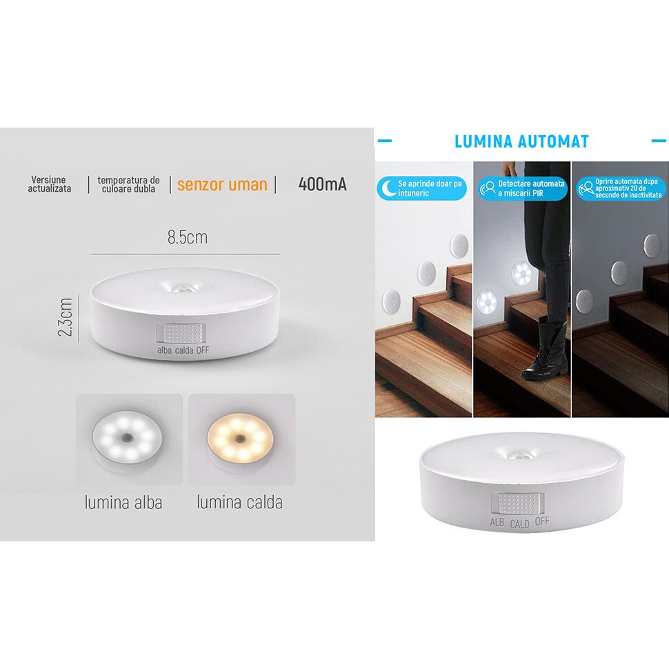 Lampa de Veghe LED, Kadeny, cu Senzor de Miscare, Incarcare USB, 0.6W, 300mAh, Design Rotund, Alb, 8.5x2.3 cm