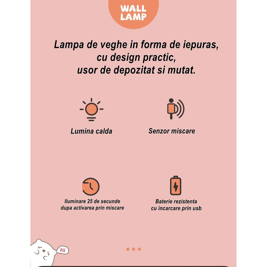 Lampa de veghe portabila cu 2 moduri de functionare Kaveny, silicon non-toxic, reincarcabila USB, senzor miscare, roz, iepuras