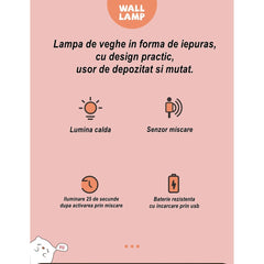 Lampa de veghe portabila cu 2 moduri de functionare Kaveny, silicon non-toxic, reincarcabila USB, senzor miscare, roz, iepuras
