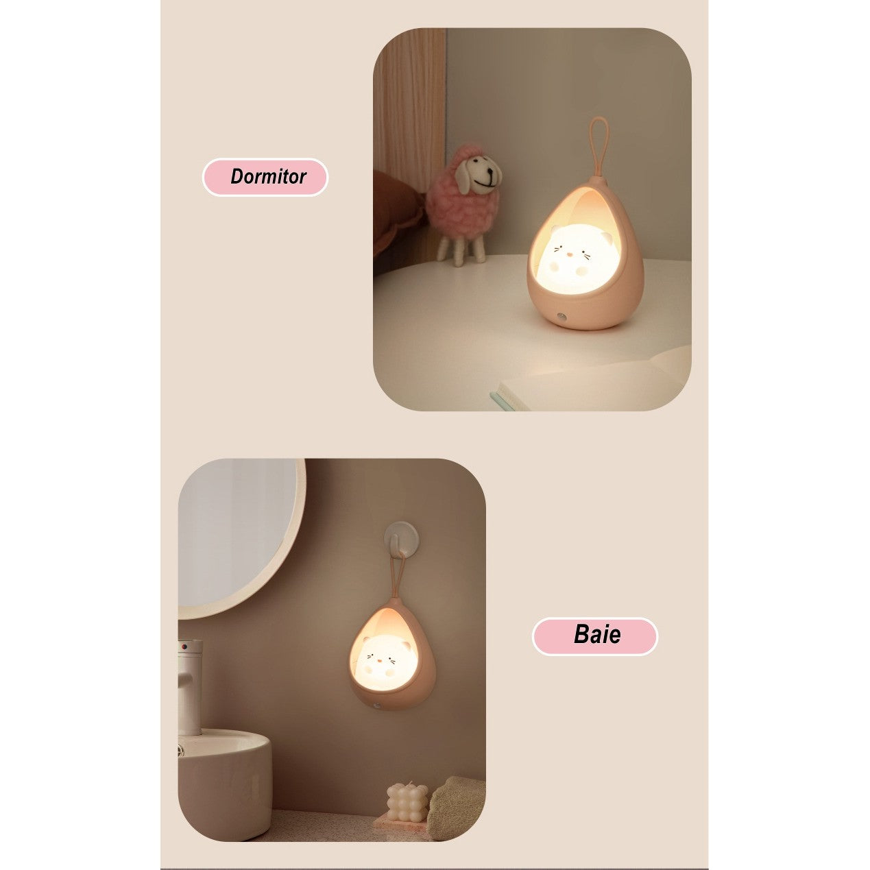 Lampa de veghe portabila cu 2 moduri de functionare Kaveny, silicon non-toxic, reincarcabila USB, senzor miscare, roz, iepuras