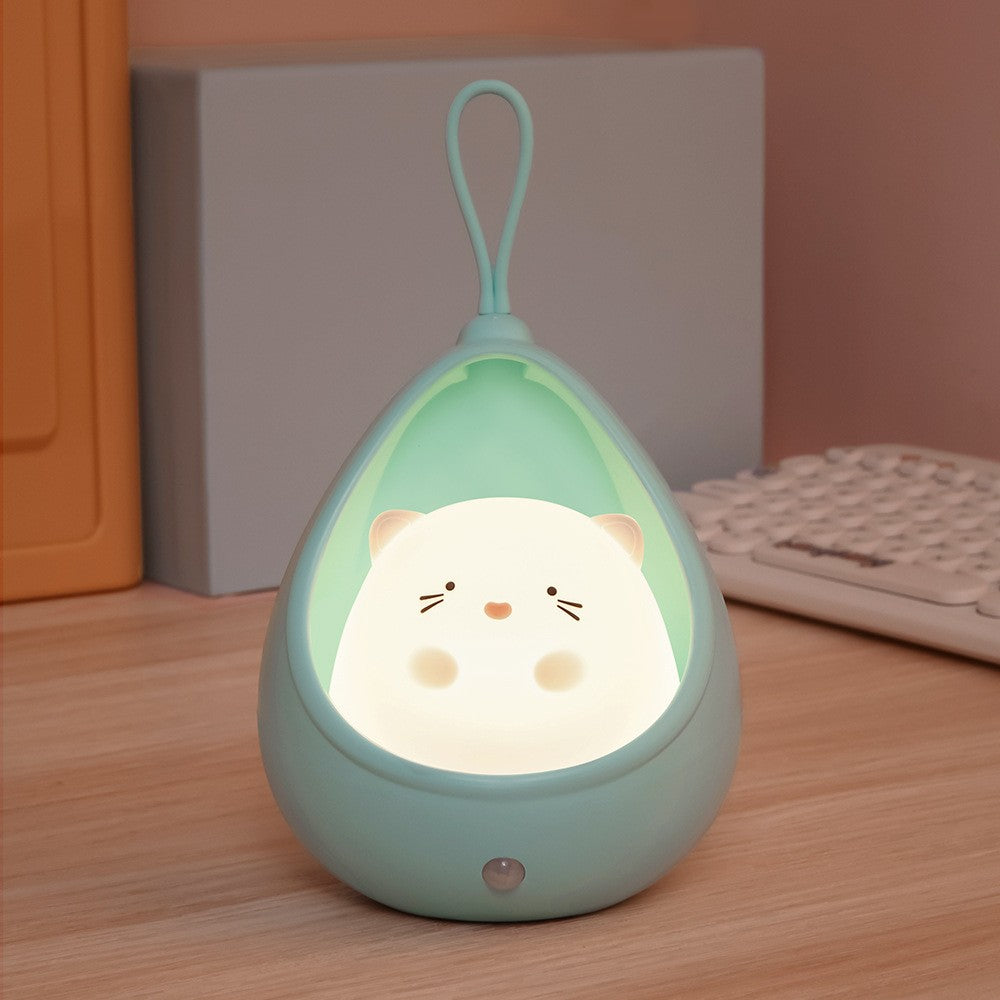 Lampa de veghe portabila cu 2 moduri de functionare Kaveny, silicon non-toxic, reincarcabila USB, senzor miscare, albastru, pisicuta