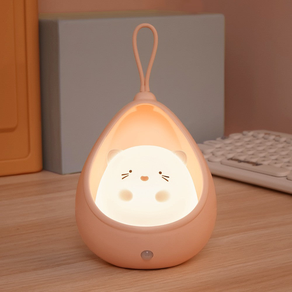 Lampa de veghe portabila cu 2 moduri de functionare Kaveny, silicon non-toxic, reincarcabila USB, senzor miscare, roz, pisicuta