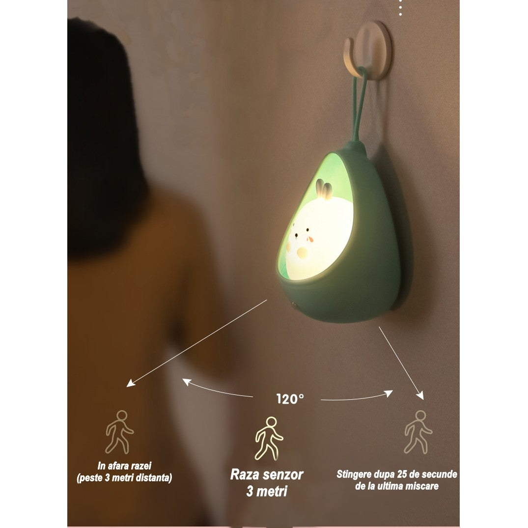 Lampa de veghe portabila cu 2 moduri de functionare Kaveny, silicon non-toxic, reincarcabila USB, senzor miscare, albastru, iepuras