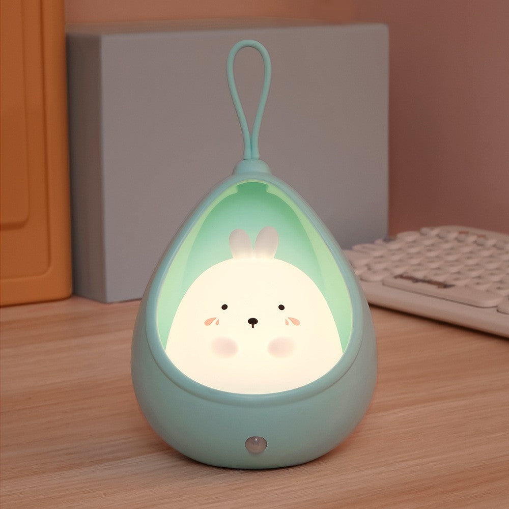 Lampa de veghe portabila cu 2 moduri de functionare Kaveny, silicon non-toxic, reincarcabila USB, senzor miscare, albastru, iepuras
