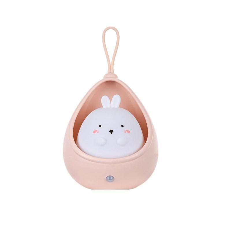 Lampa de veghe portabila cu 2 moduri de functionare Kaveny, silicon non-toxic, reincarcabila USB, senzor miscare, roz, iepuras