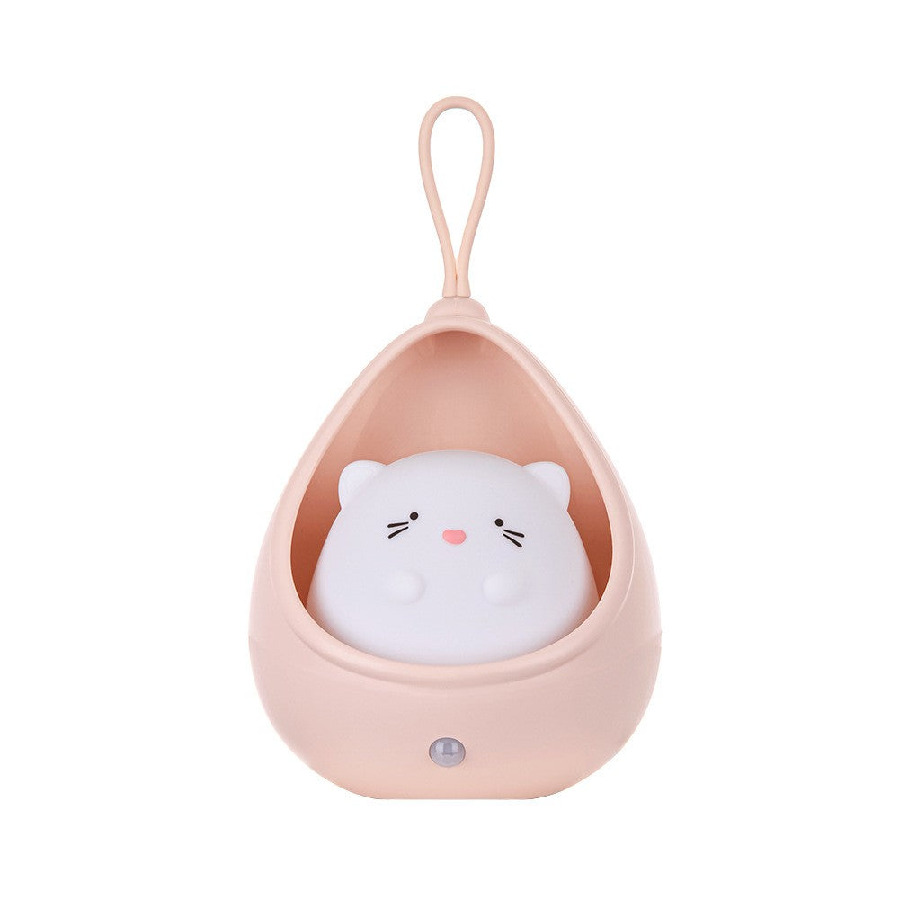 Lampa de veghe portabila cu 2 moduri de functionare Kaveny, silicon non-toxic, reincarcabila USB, senzor miscare, roz, pisicuta
