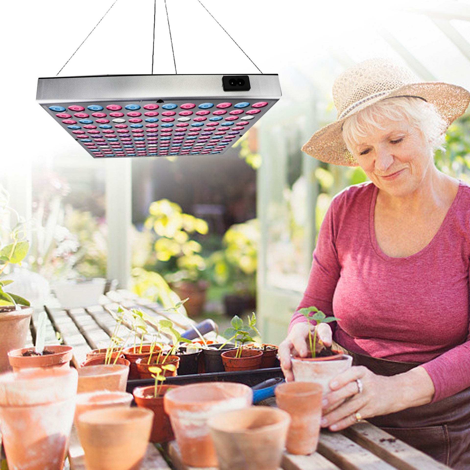 Lampa LED 15W Kaveny, pentru cresterea plantelor in interior, material ABS, cu agatatoare, 25 x 25 cm, multicolor