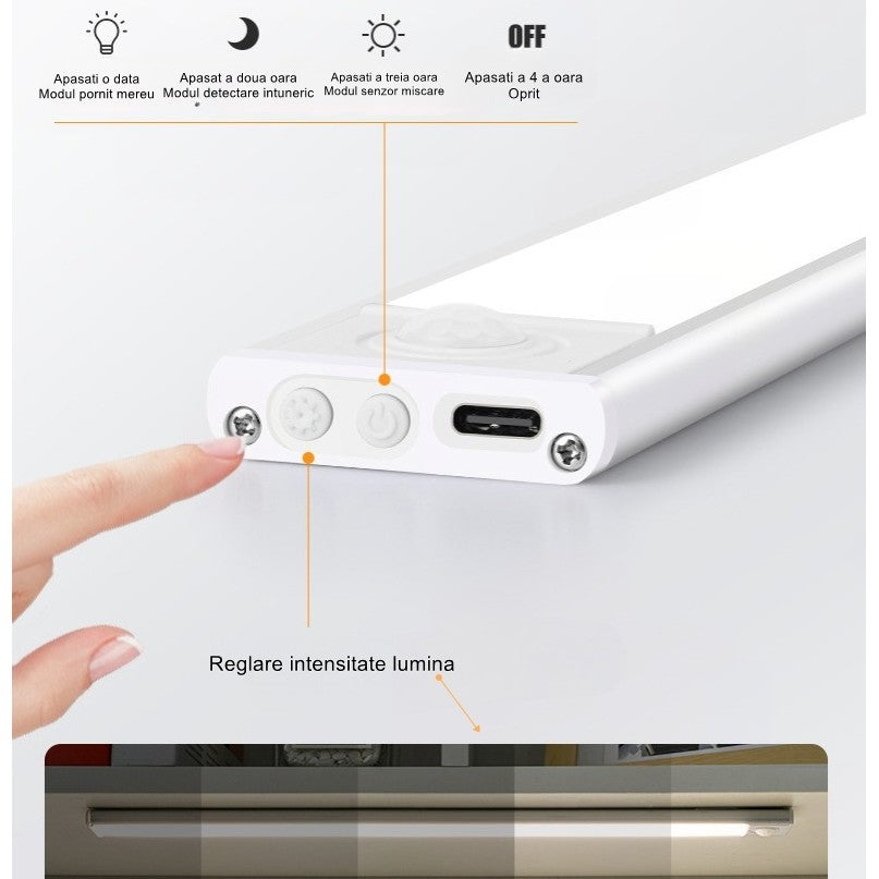 Lampa LED cu Senzor de Lumina si Miscare 20 cm Kadeny, Intensitate Reglabila, Suport Magnetic, 34 LED-uri, 71.49lm , Acumulator 450mAh cu Reincarcare prin USB-C, pentru Bucatarie, Hol, Dressing, Garaj