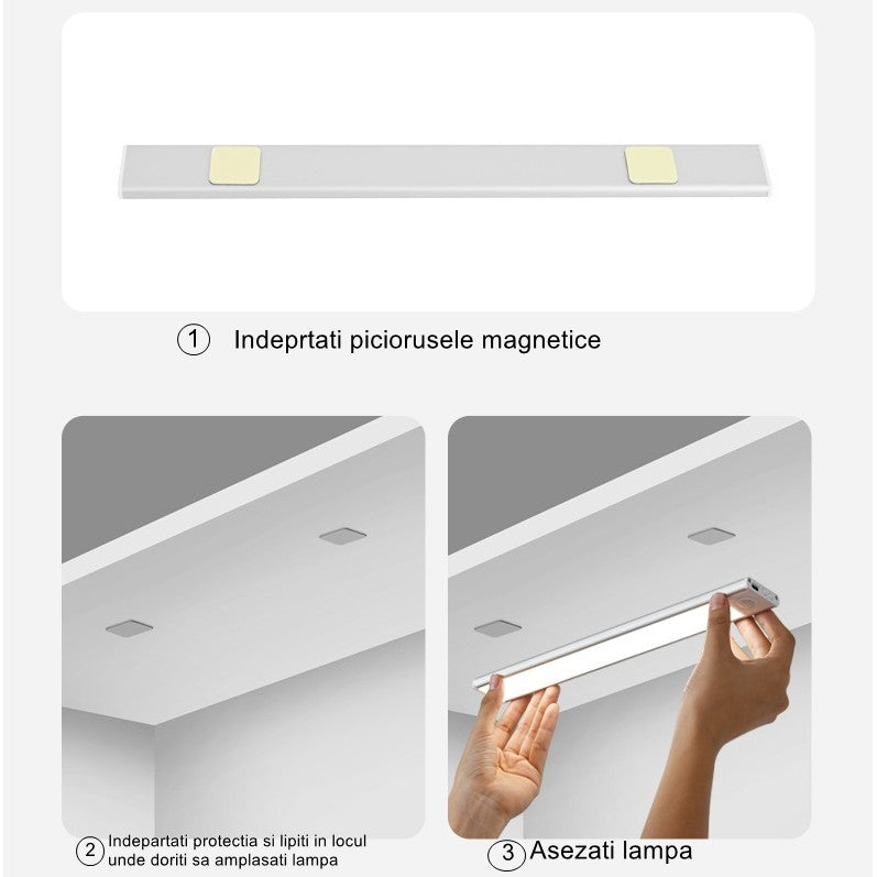 Lampa LED cu Senzor de Lumina si Miscare 20 cm Kadeny, Intensitate Reglabila, Suport Magnetic, 34 LED-uri, 71.49lm , Acumulator 450mAh cu Reincarcare prin USB-C, pentru Bucatarie, Hol, Dressing, Garaj