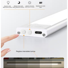 Lampa LED cu Senzor de Lumina si Miscare 30 cm, Kadeny, Intensitate Reglabila, Suport Magnetic, 79 LED-uri, 114.59lm , Acumulator 600mAh cu Reincarcare prin USB-C, pentru Bucatarie, Hol, Dressing, Garaj