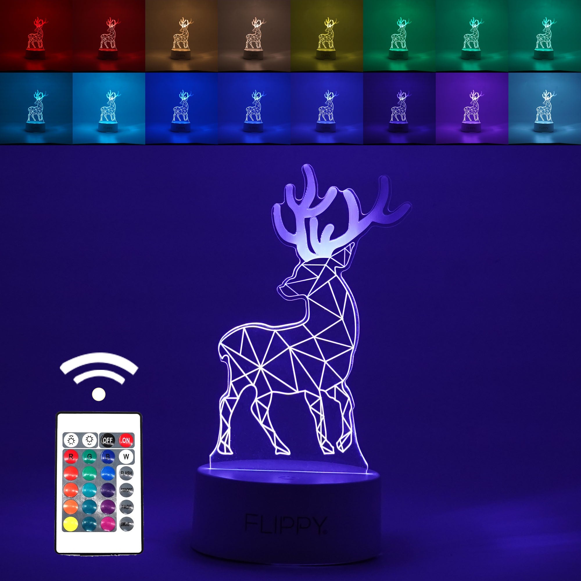 Lampa LED decorativa, Kaveny, 3D, Cerb, cu telecomanda, doua moduri de alimentare USB si baterii, 20 cm inaltime, din material acril si lumina multicolora, alb
