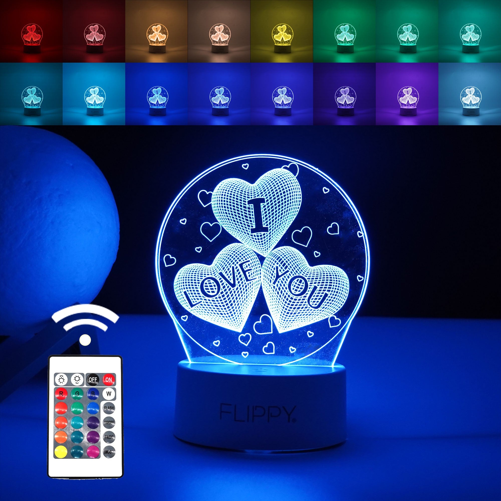 Lampa LED decorativa, Kaveny, 3D, cu text "I love you", doua moduri de alimentare USB si baterii, 20 cm inaltime, din material acril si lumina multicolora, alb