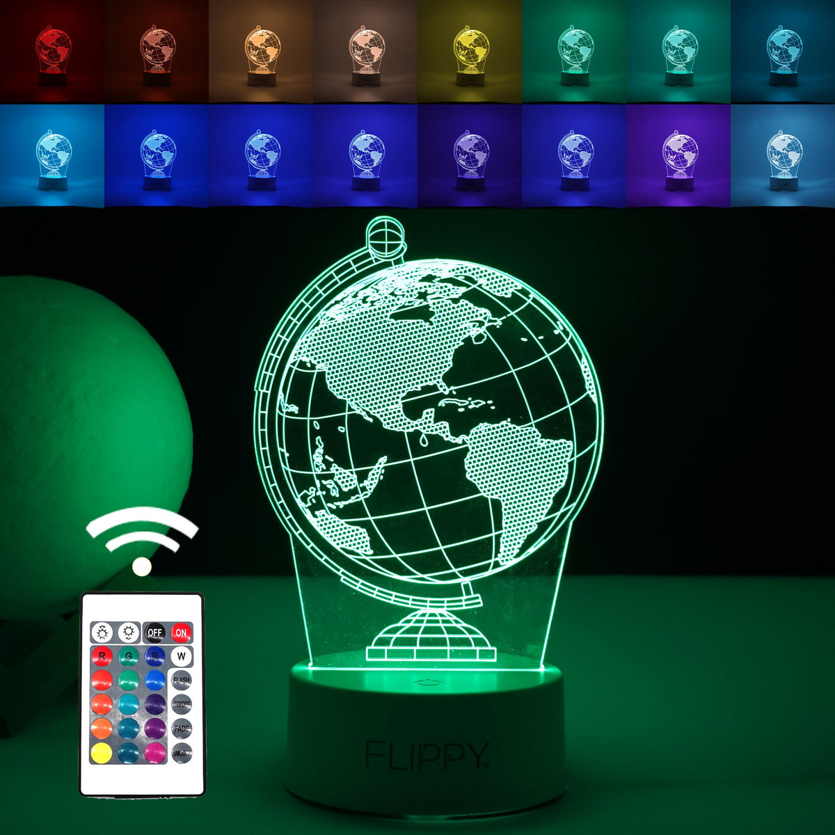 Lampa LED decorativa, Kaveny, 3D, Globul Pamantesc, doua moduri de alimentare USB si baterii, 20 cm inaltime, din material acril si lumina multicolora, alb