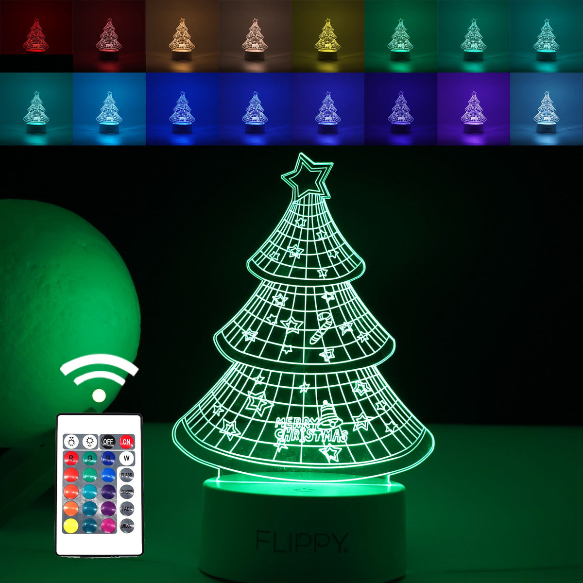 Lampa LED decorativa, Kaveny, 3D, Pom de Craciun, din material acril si lumina multicolora, alb