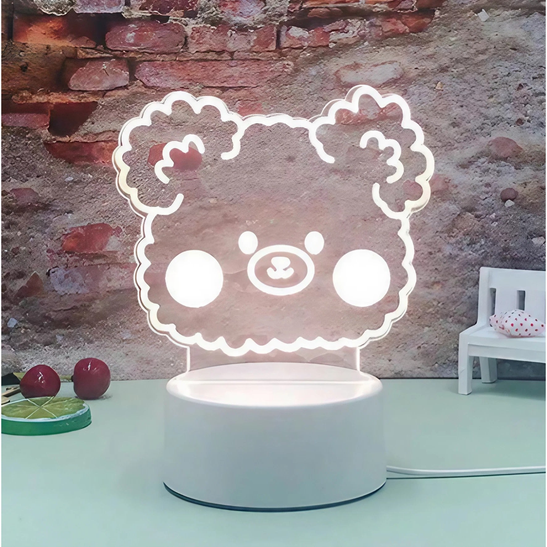 Lampa LED decorativa, Kaveny, 3D, ursulet, din material acril si lumina multicolora, alb