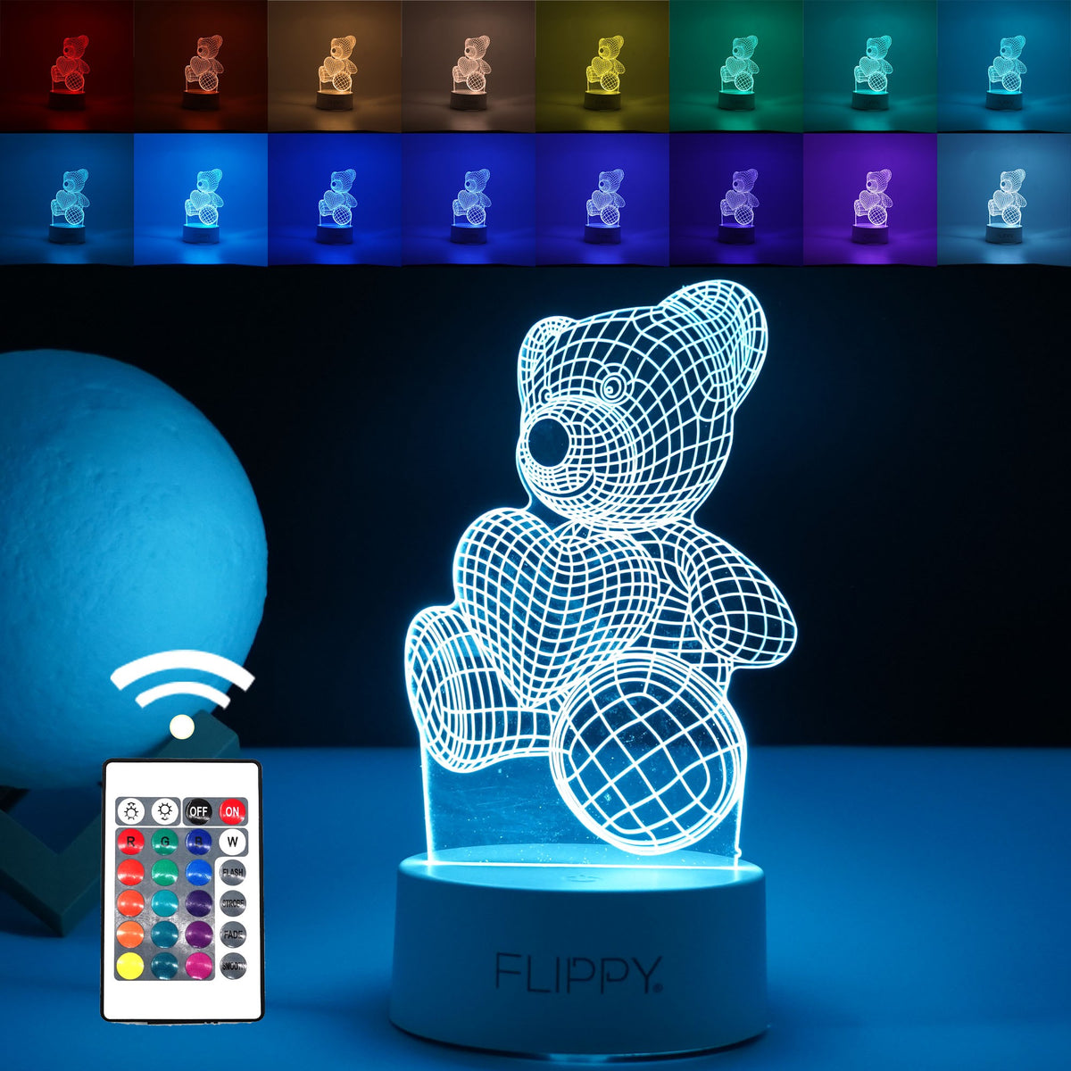 Lampa LED decorativa, Kaveny, 3D, ursulet, din material acril si lumina multicolora, alb