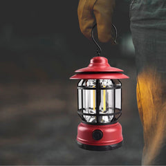 Portable camping light, vintage lantern with hook, ABS, 21 COB LED lighting, adjustable intensity, 5W, reversible, red rechargeable