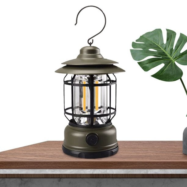 Lampa portabila camping, Felinar Vintage cu carlig, ABS, Iluminare 21 COB LED, Intensitate reglabila, 5W, Kadeny, Verde