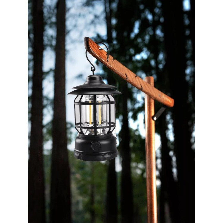 Lampa portabila camping, Felinar Vintage cu carlig, ABS, Iluminare 21 COB LED, Intensitate reglabila, 5W, Kadeny, Negru