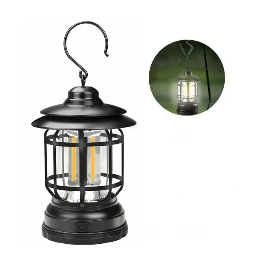 Lampa portabila camping, Felinar Vintage cu carlig, ABS, Iluminare 21 COB LED, Intensitate reglabila, 5W, Kadeny, Negru