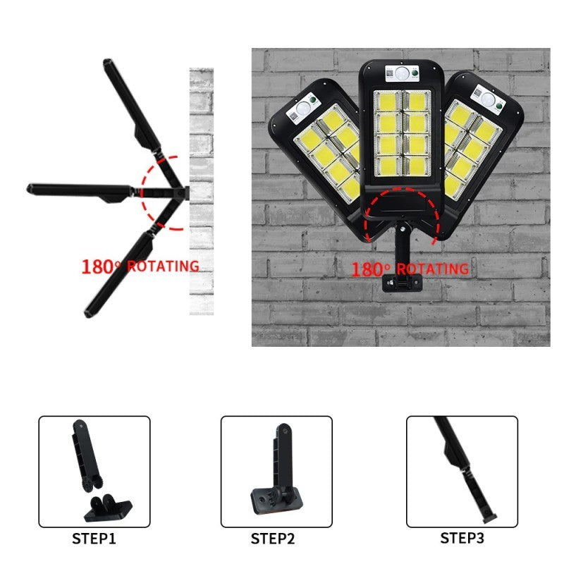Lampa Solara De Exterior LED Kaveny, 36 cm x 11.5 cm, kit montare inclus, 2880 Lumeni 120 COB LED 24 W - echivalent 192 W bec incadescent, IP65, Senzor de Miscare, 3 moduri de iluminare, Senzor de Lumina, 12 Grile, Alb Rece