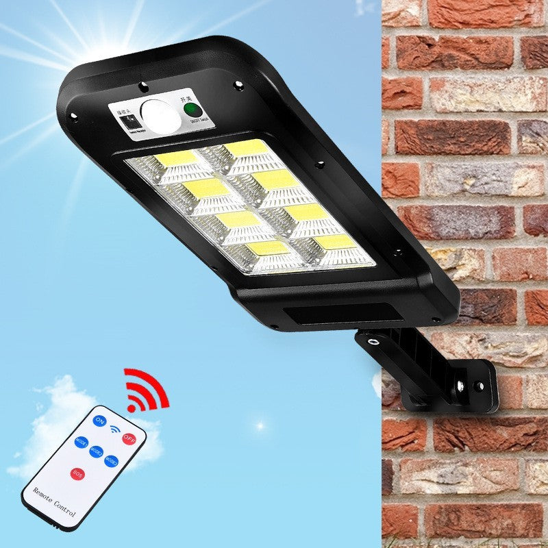 Lampa Solara De Exterior LED Kaveny, 36 cm x 11.5 cm, kit montare inclus, 2880 Lumeni 120 COB LED 24 W - echivalent 192 W bec incadescent, IP65, Senzor de Miscare, 3 moduri de iluminare, Senzor de Lumina, 12 Grile, Alb Rece