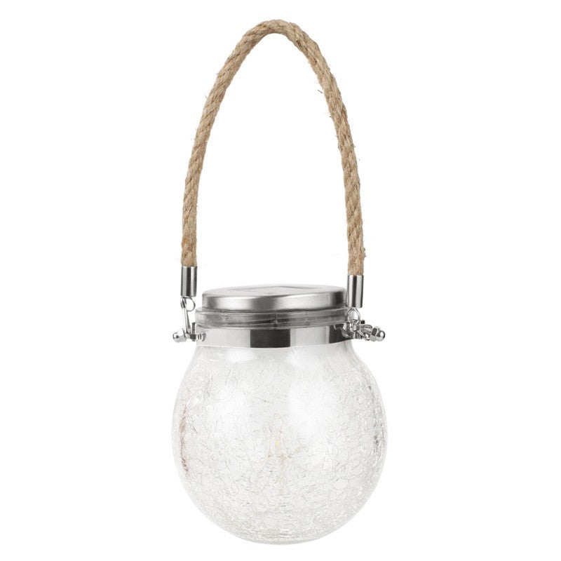 Lampa solara decorativa pentru exterior Kaveny, IP65, 20 LED-uri, 600mAh, 14 x 12 cm, cu agatatoare, model borcan rotund, alb cald