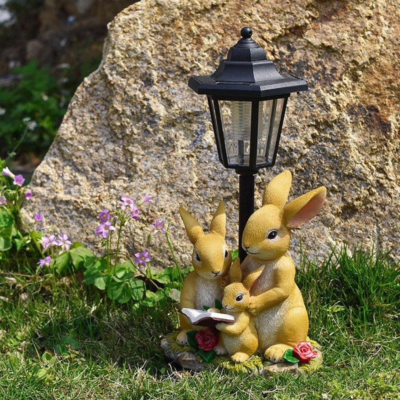 Lampa Solara Decorativa pentru Gradina, Kadeny, Decoratiune pentru Gradina cu Lumini LED, Dimensiuni aprox 33 x 16 x 15 cm, Incarcare solara, Model 3 Iepurasi, Negru