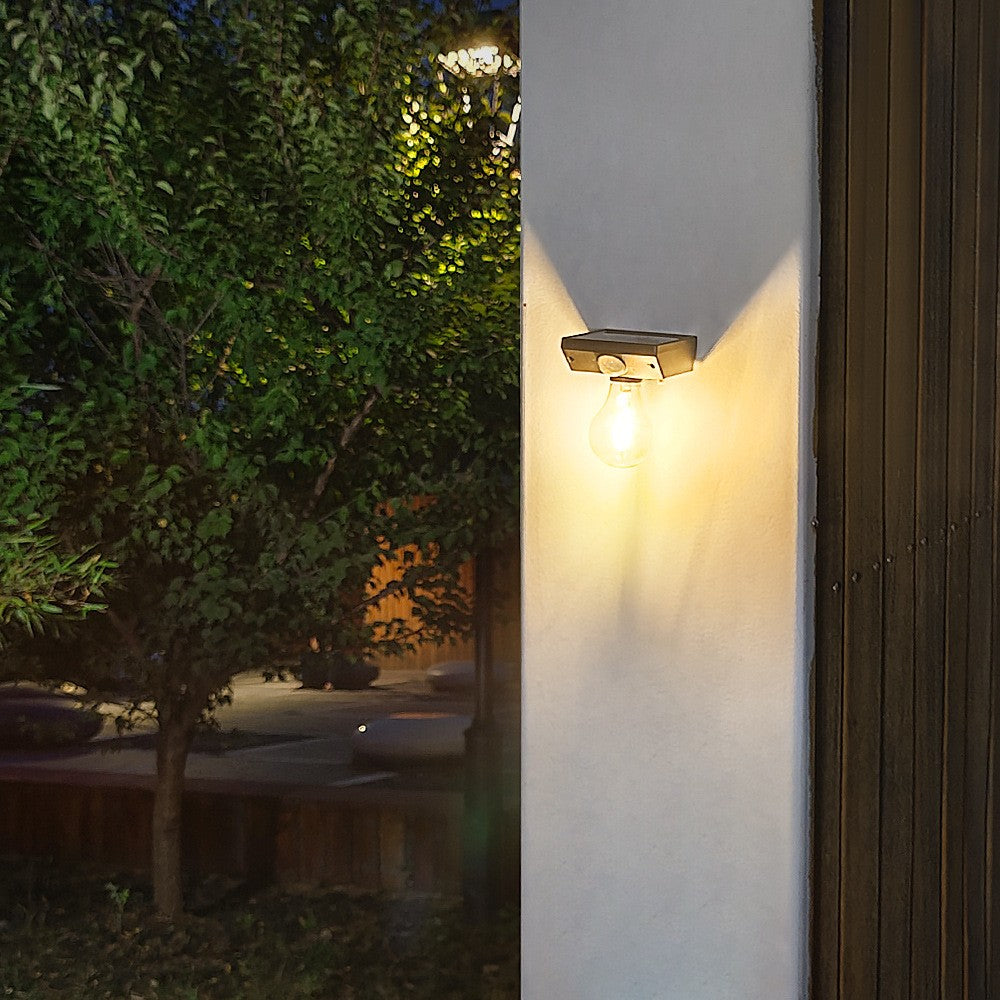 Lampa solara Kaveny, pentru exterior, tip bec, rezistenta la apa IP65, material ABS, baterie 3.7V, 1200 mah, 9.5 x 11 cm, autonomie 8 ore, senzor de miscare,  alb cald