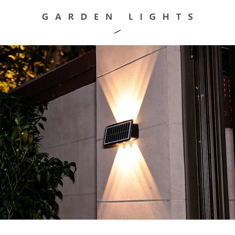 Lampa solara LED bidirectionala dreptunghiulara pentru perete Kaveny, 20.5x10 cm, 6 LED-uri, 5.5V, ABS, 500mAh, rezistent la apa IP65, alb cald