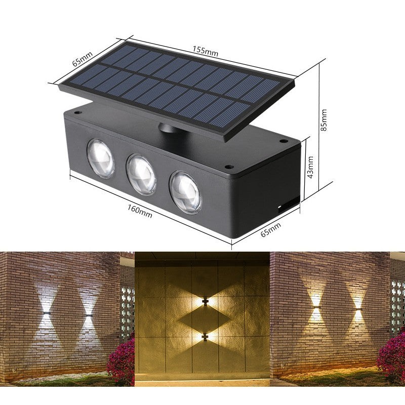 Lampa solara LED bidirectionala Kaveny, cu panou ajustabil, comutator culoare lumina, pentru perete, scari, gradina, terasa, 16 x 6.5 cm, 6 LED-uri, material ABS, baterie 3.7 V, 1200mah, multicolor